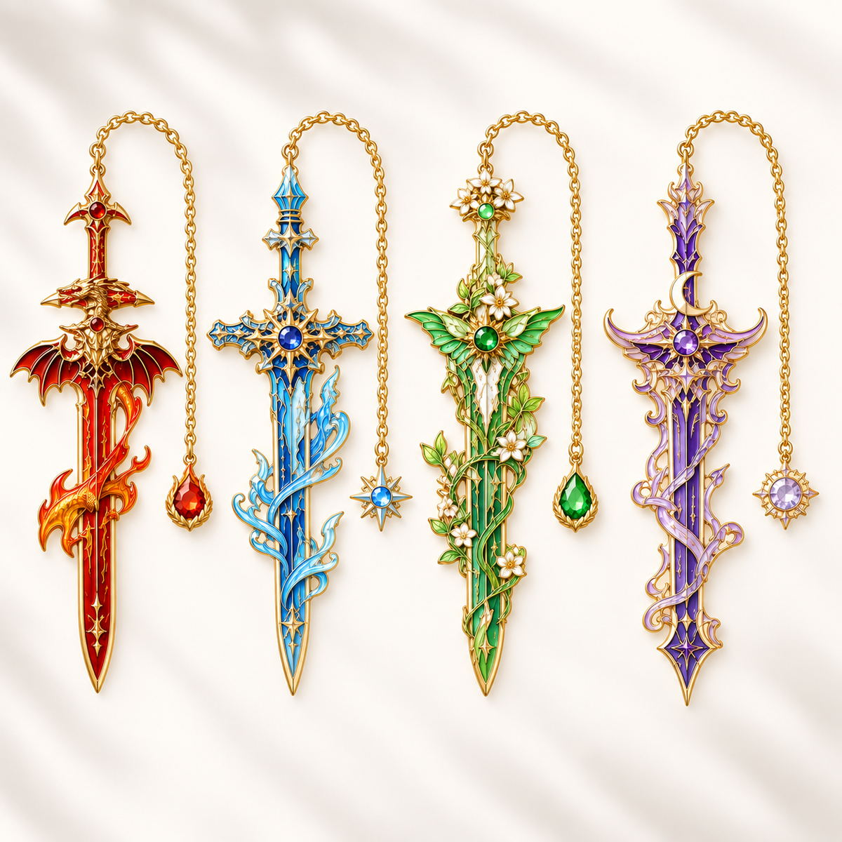 Espadas de Runelume | Set de 4 Marcapáginas Metálicos de Fantasía