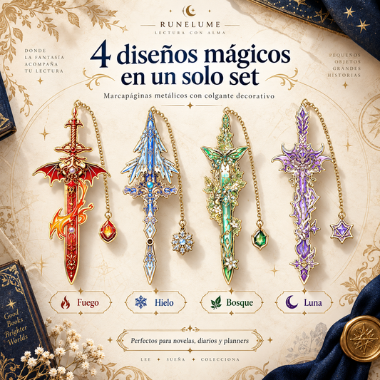Espadas de Runelume | Set de 4 Marcapáginas Metálicos de Fantasía
