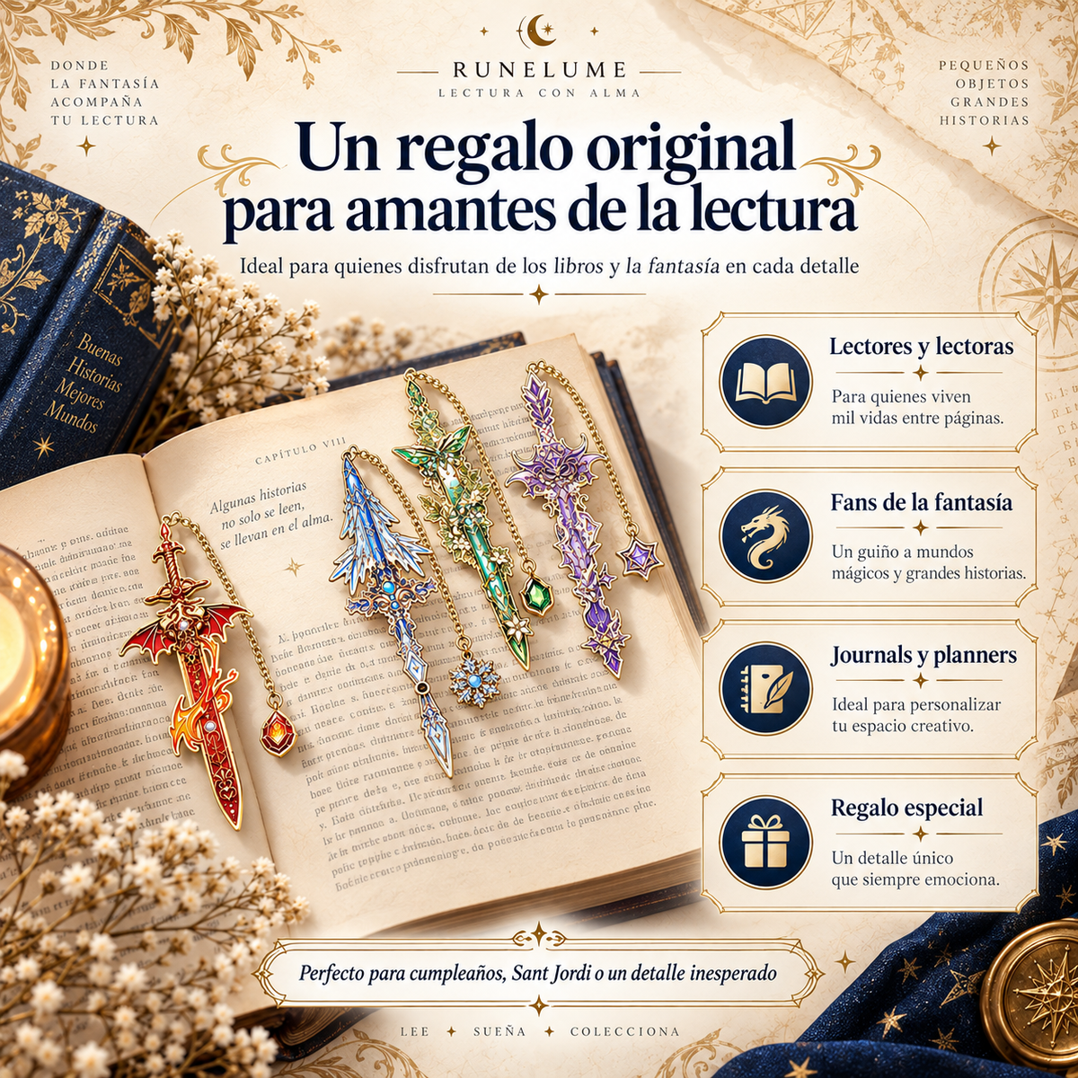 Espadas de Runelume | Set de 4 Marcapáginas Metálicos de Fantasía